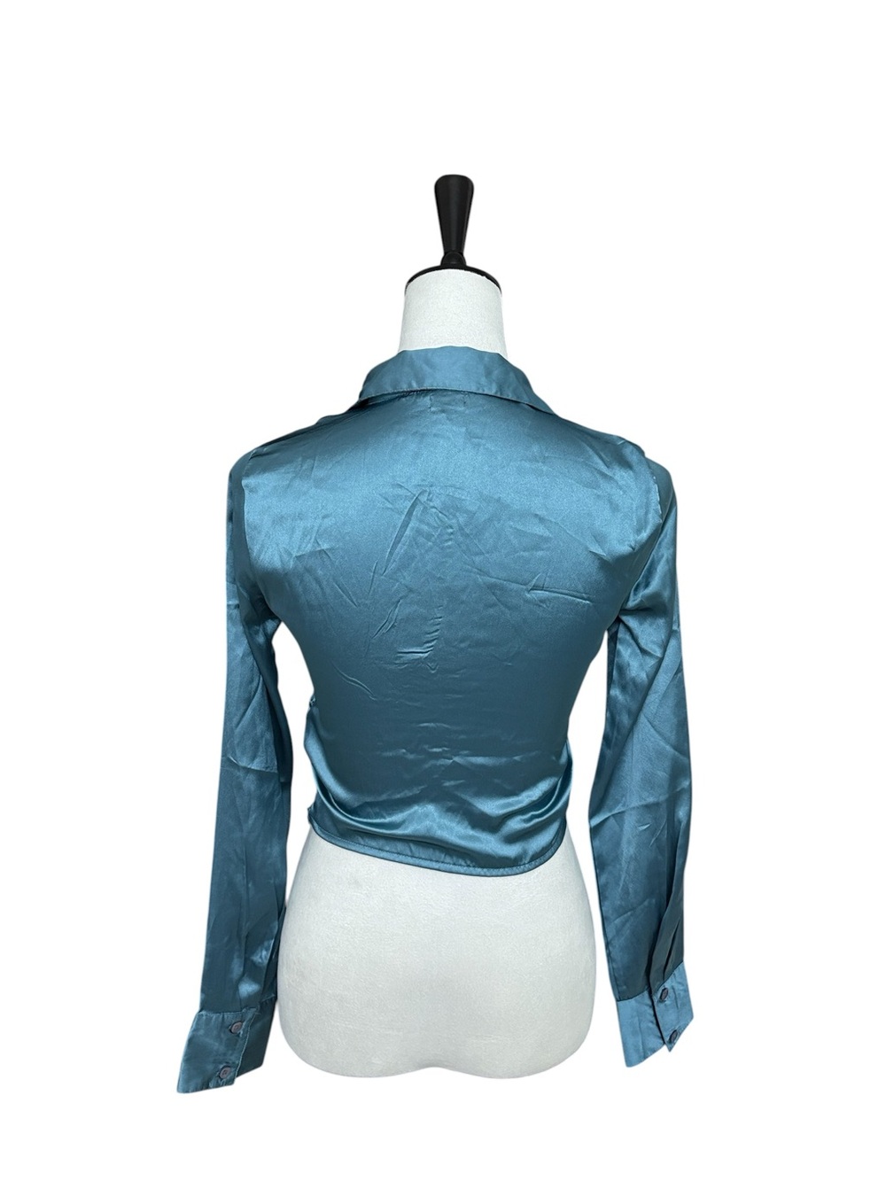 Teal Satin Ruched Crop Blouse XS Y2K City Girl Tie Front Top Chic - Picture 4 of 11